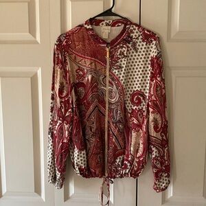 Chico's womens full zip rayon red paisley bomber drawstring waist size 2 (XL)